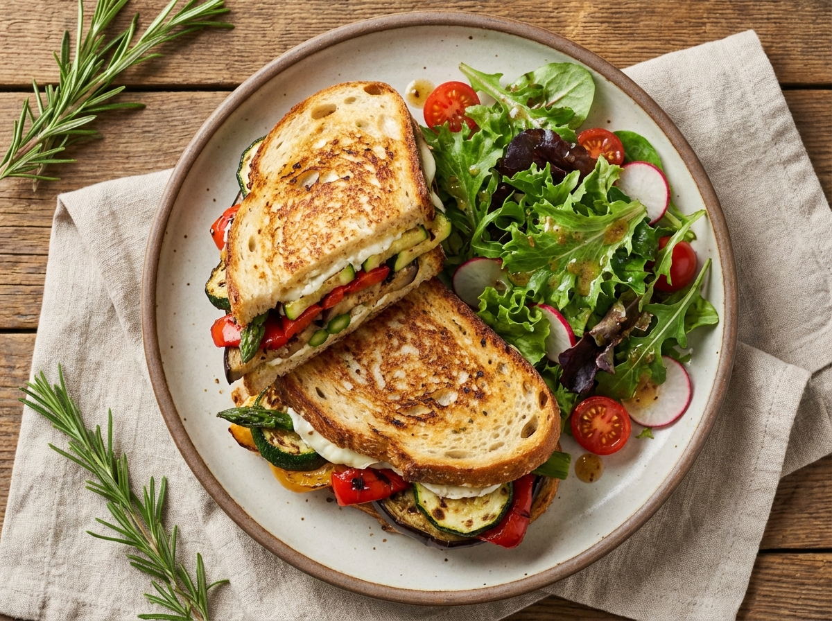 Grilled Vegetable & Goat Cheese Panini with Mixed Greens
