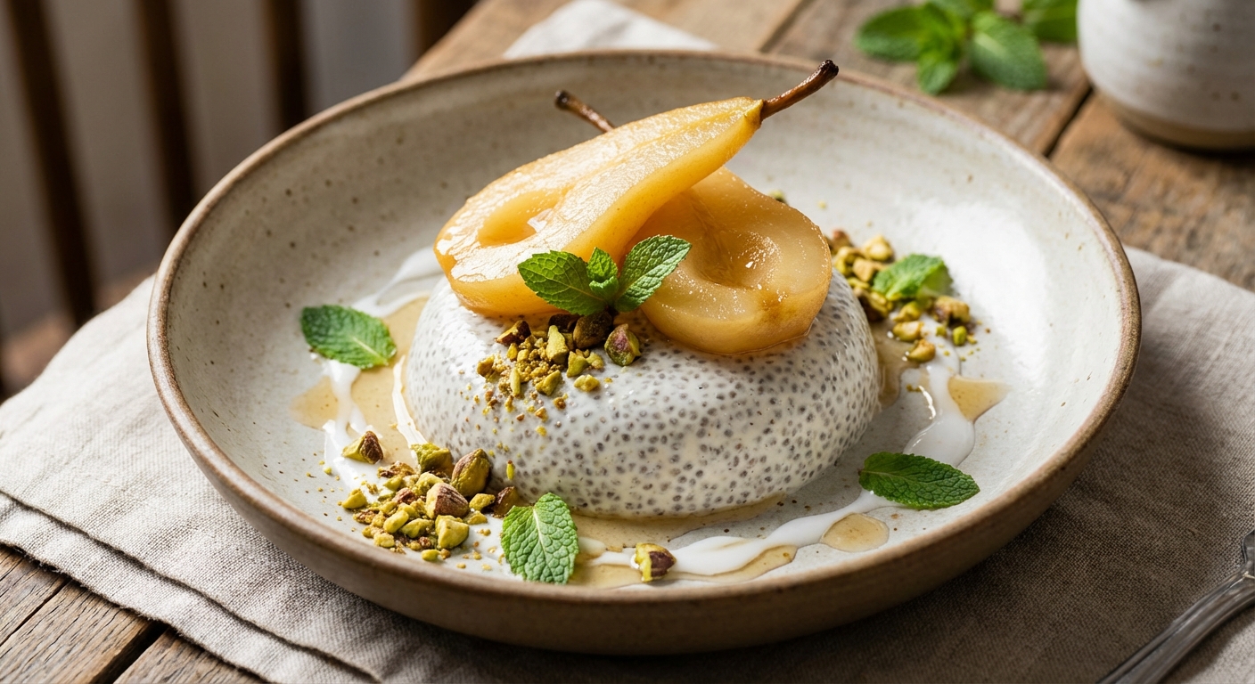 Coconut-Chia Pudding with Warm Poached Pears, Toasted Pistachio & Fresh Mint