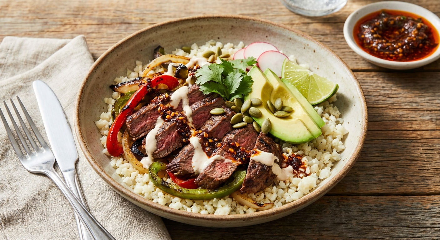 Mexican Steak Fajita Bowl with Cauliflower Rice (Paleo)