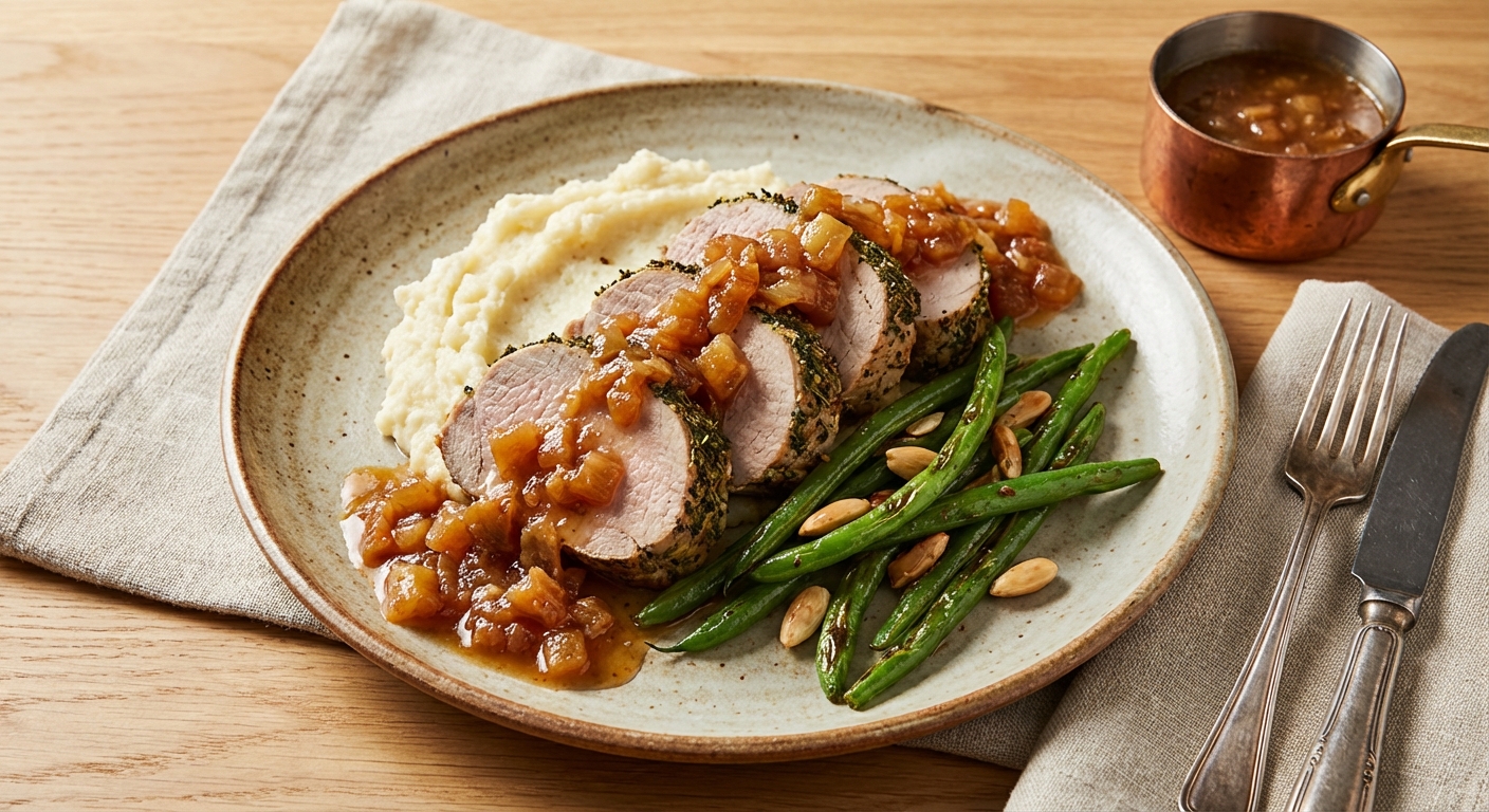 Roasted Pork Tenderloin with Apple-Onion Chutney, Mashed Cauliflower & Green Beans
