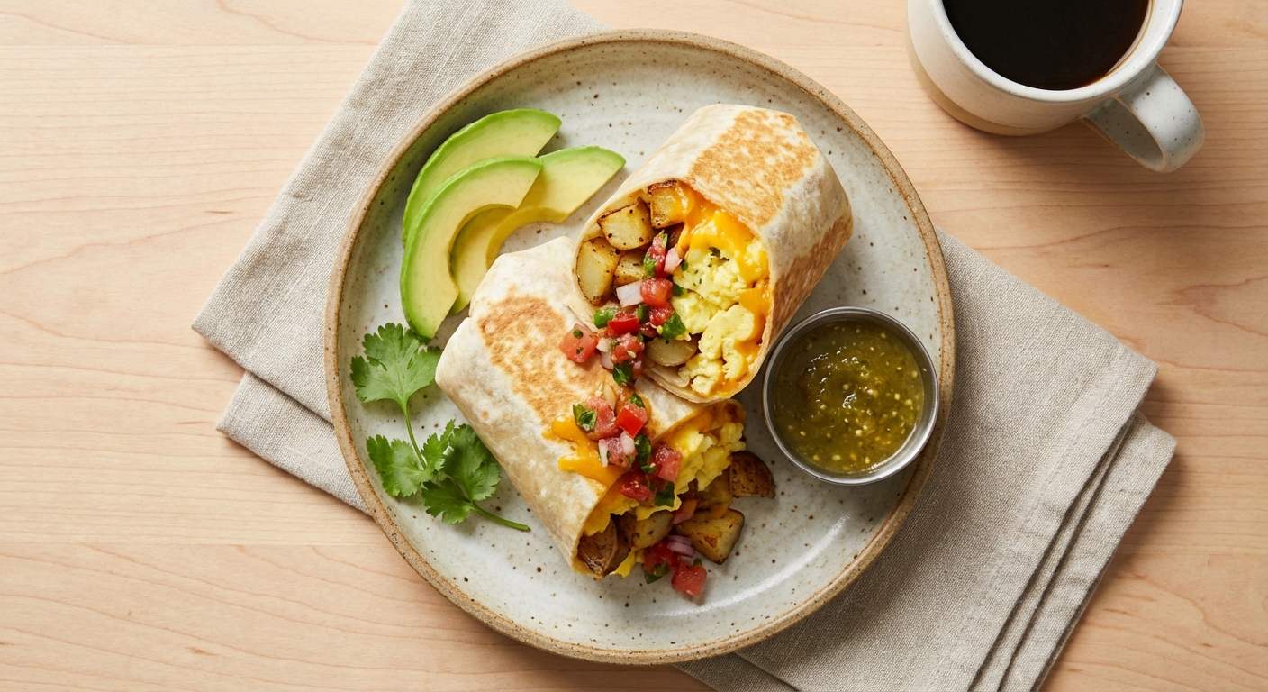 Breakfast Burrito with Eggs, Potatoes, Cheddar, and Salsa