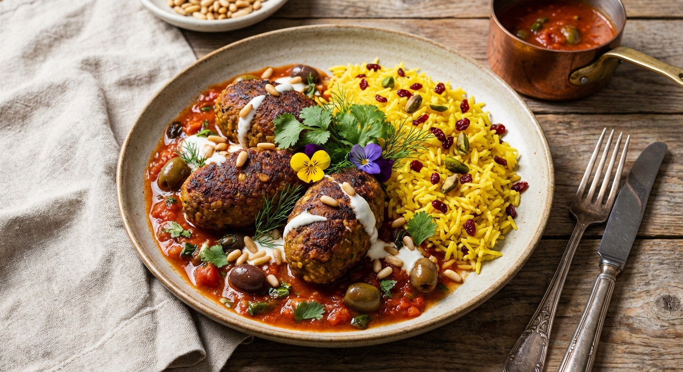 Baked Spiced Lentil-Bulgur Koftas with Tomato Sauce & Saffron Rice