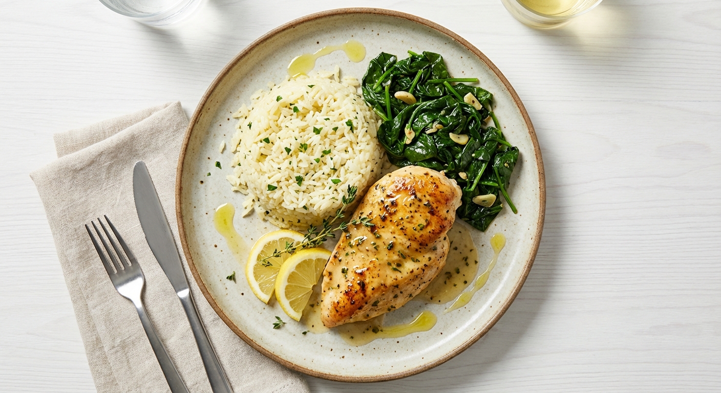 Lemon Herb Chicken with Butter Rice and Sautéed Spinach