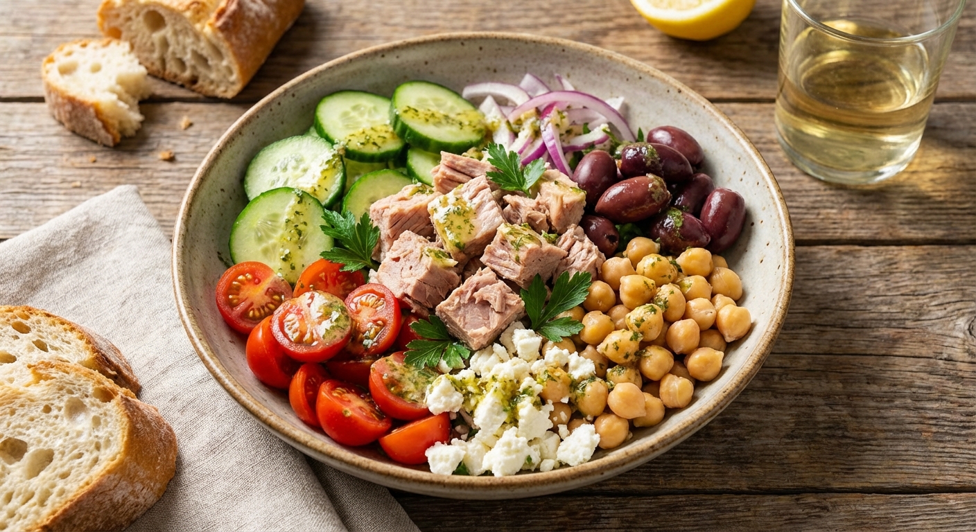 Mediterranean Tuna & Chickpea Salad with Cucumber, Cherry Tomatoes & Olives
