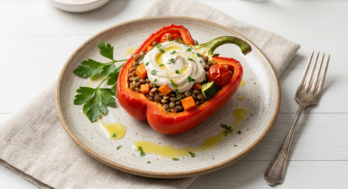 Lentil & Roasted Vegetable Stuffed Bell Pepper with Tahini–Greek Yogurt Sauce