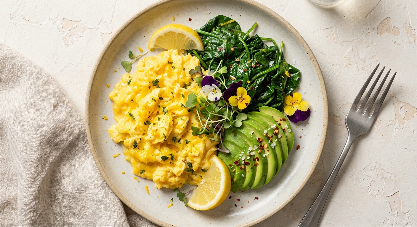 Citrus Scrambled Eggs with Sautéed Spinach & Avocado