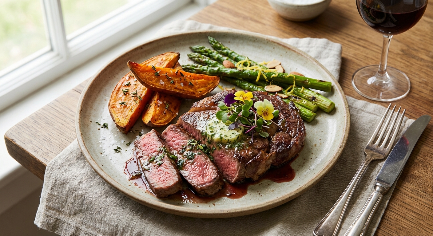 Grilled Steak with Sweet Potato & Asparagus