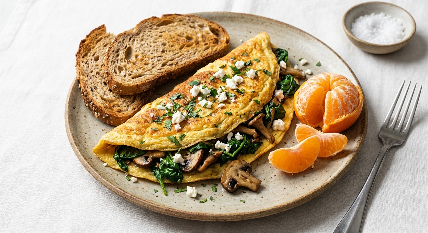 Spinach & Mushroom Omelette with Whole-grain Toast and Clementine