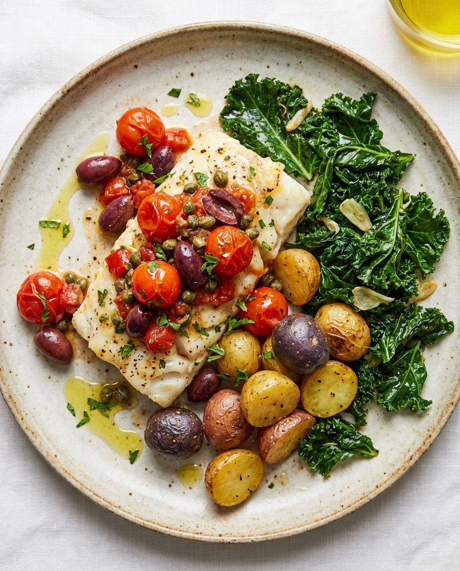 Baked Cod with Tomato-Olive Relish, Roasted Baby Potatoes & Sautéed Kale