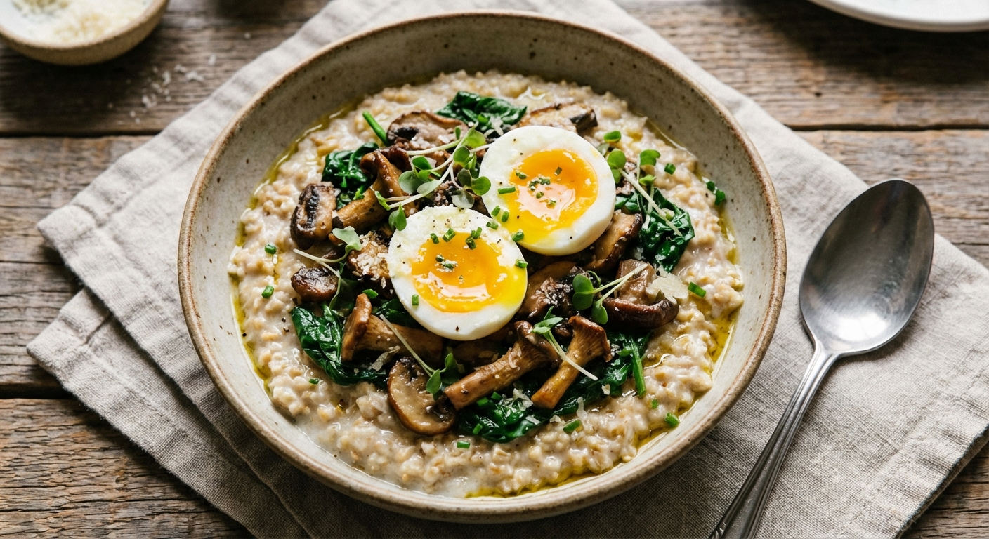 Savory Steel-Cut Oats with Sautéed Mushrooms, Spinach & Soft Eggs