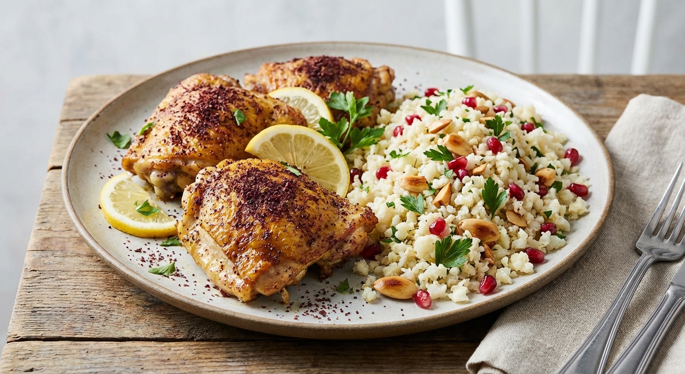 Sumac-Roasted Chicken Thighs with Cauliflower Rice Pilaf