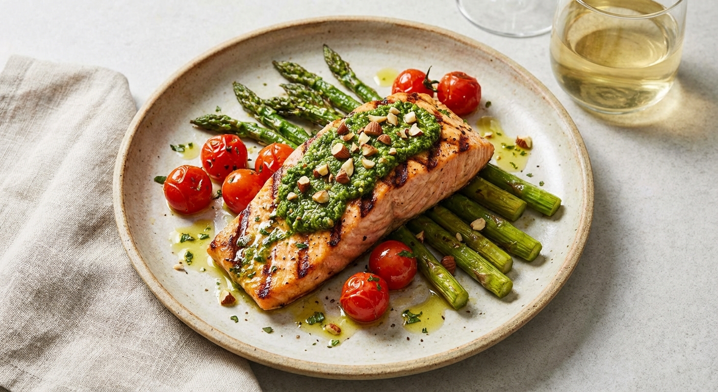 Italian Grilled Salmon with Basil‑Almond Pesto & Roasted Asparagus