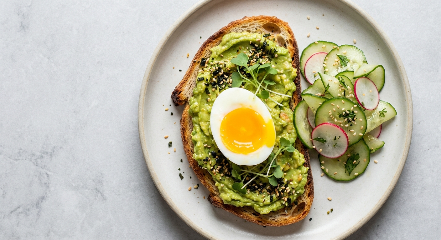 Miso Avocado Toast with Soft-Boiled Egg & Cucumber Salad