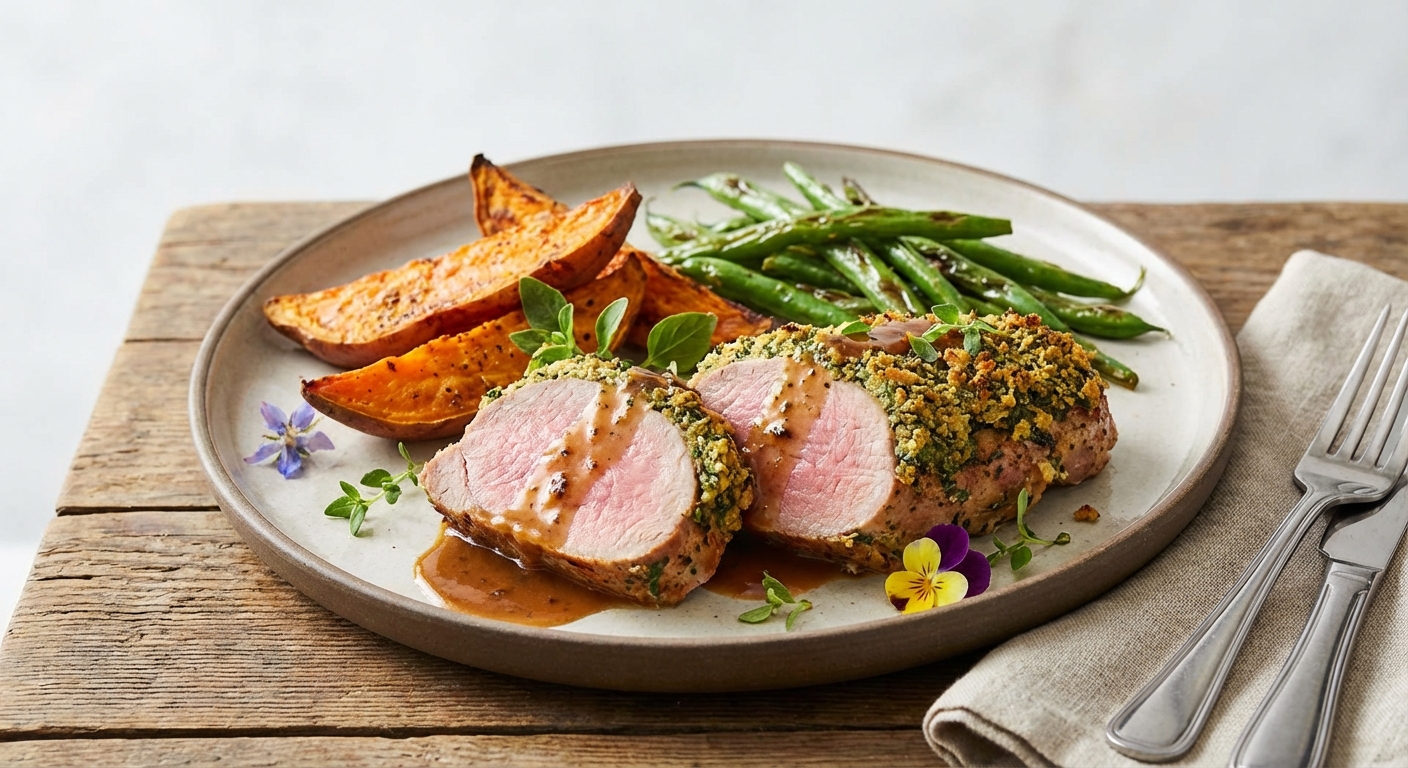 Herb-Crusted Pork Tenderloin with Roasted Sweet Potatoes & Green Beans