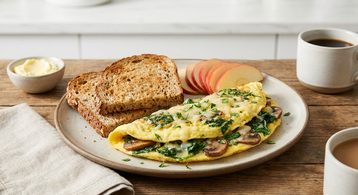 Spinach & Mushroom Omelette with Whole-Grain Toast and Apple