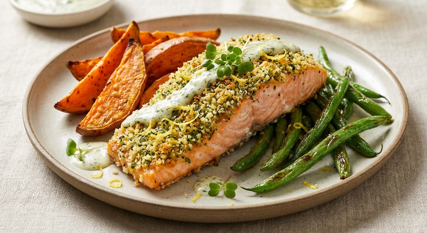 Herb-Crusted Baked Salmon with Roasted Sweet Potato & Sautéed Green Beans