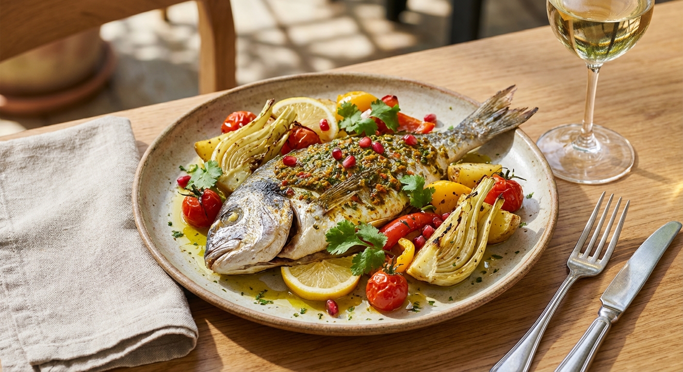 Baked Sea Bream with Chermoula and Roasted Vegetables