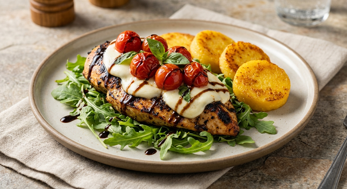 Grilled Chicken Caprese over Arugula with Polenta Rounds