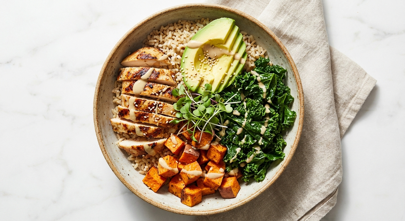 Chicken Buddha Bowl with Grilled Chicken, Brown Rice, Roasted Sweet Potato, and Kale