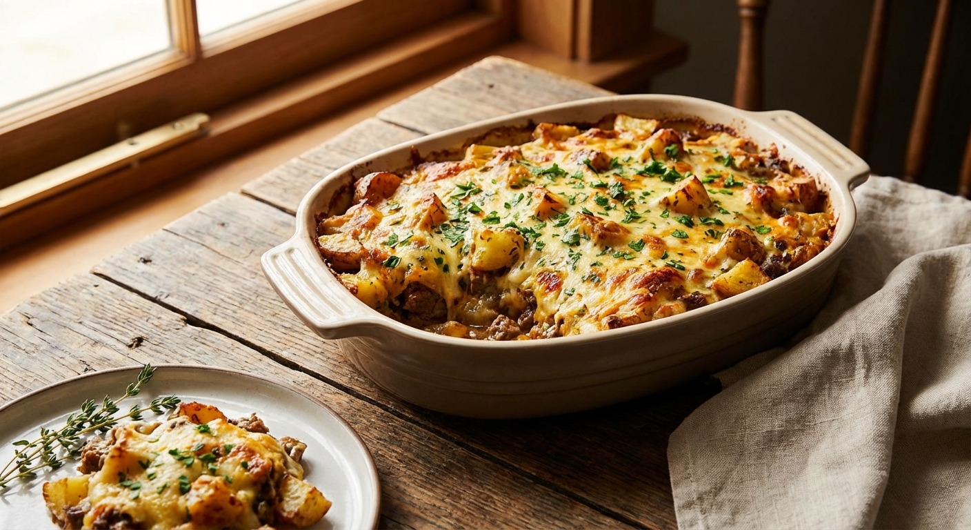 Cheesy Garlic Beef and Potato Bake