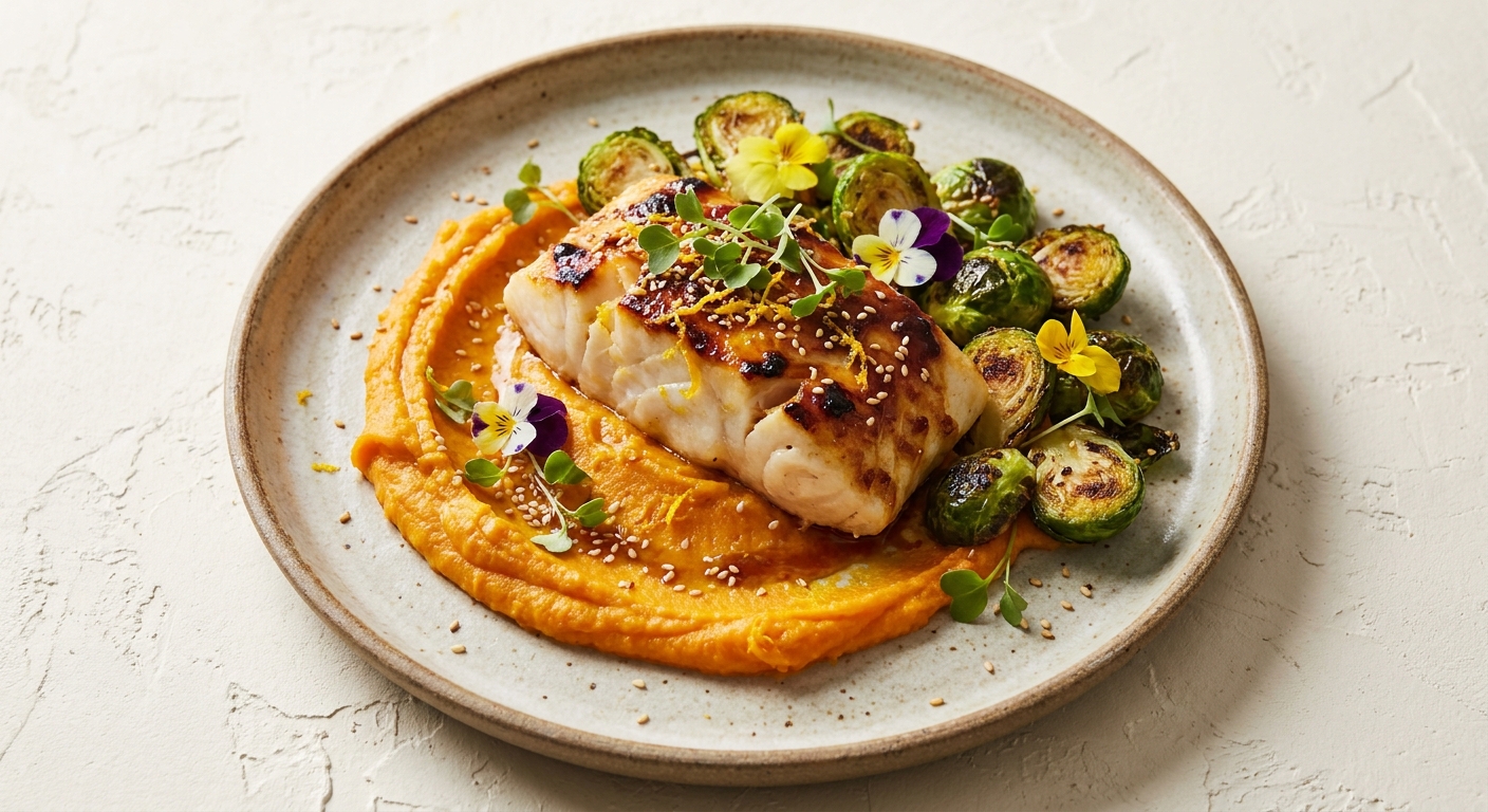 Miso-Citrus Baked Cod with Sesame-Roasted Brussels Sprouts and Sweet Potato & Orange Mash