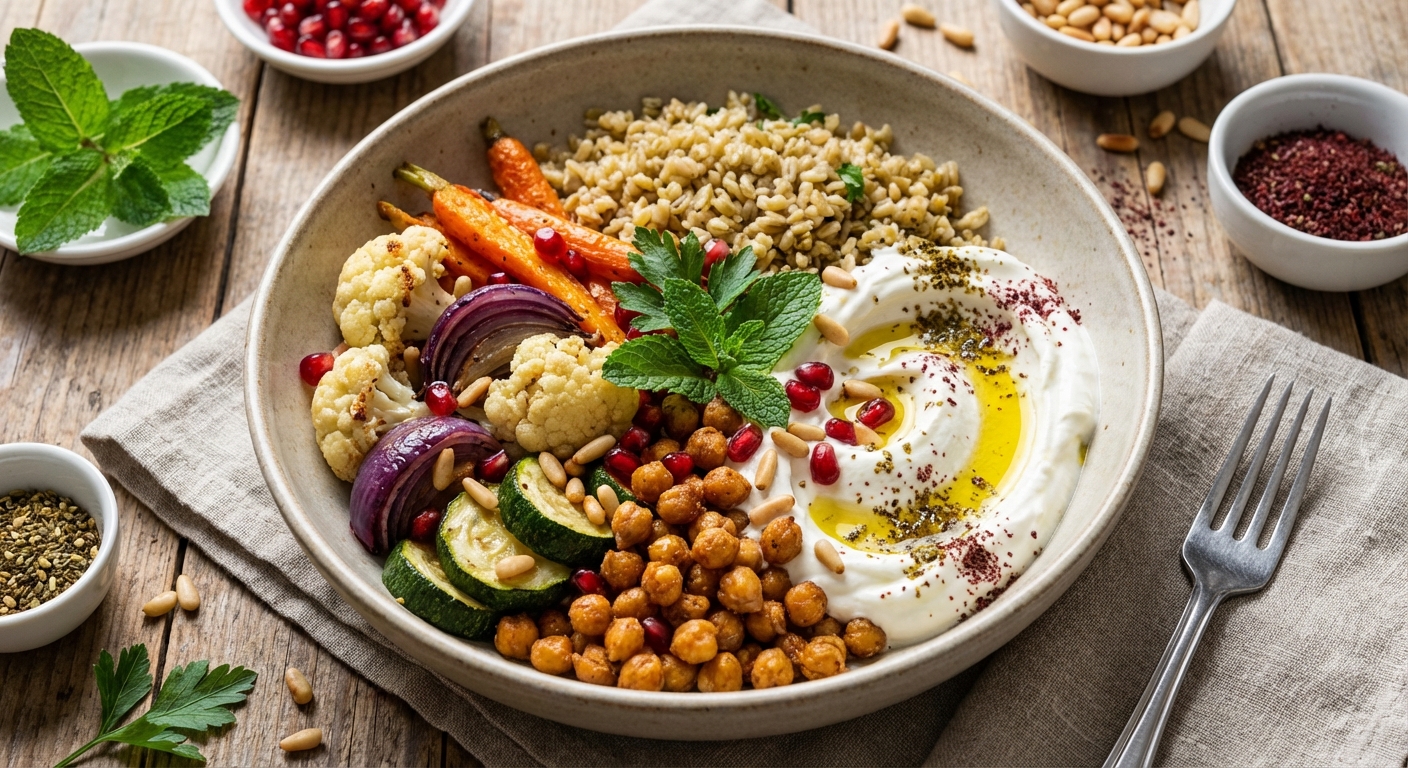 Roasted Vegetable & Chickpea Freekeh Bowl with Labneh