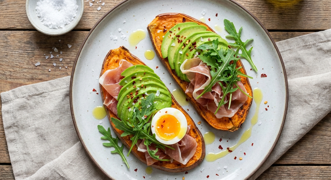 Prosciutto & Avocado on Sweet Potato 'Toast' with Arugula
