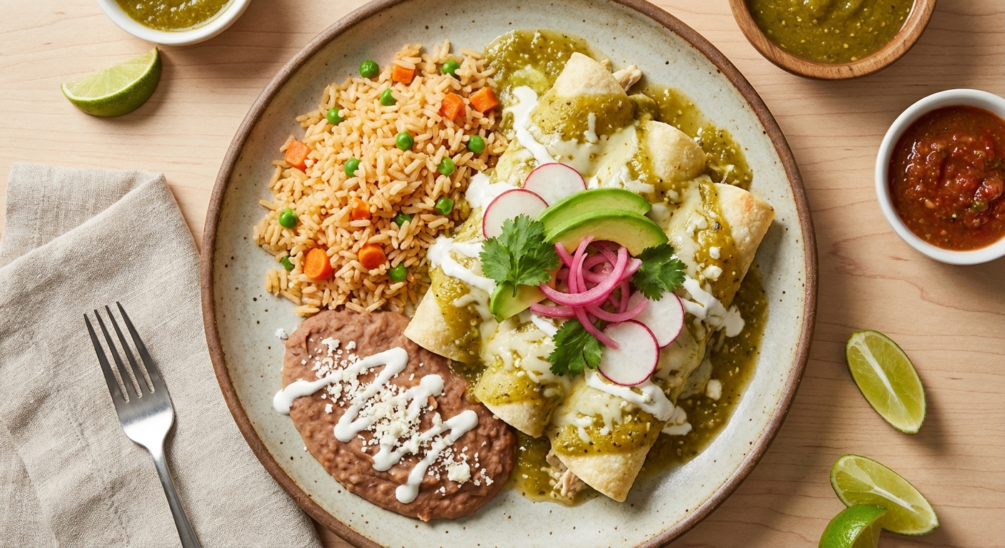 Chicken Enchiladas Verdes with Mexican Rice & Refried Beans