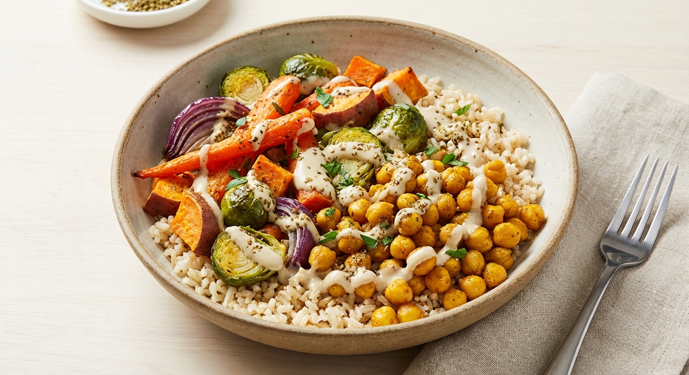 Chickpea & Roasted Vegetable Brown Rice Bowl with Tahini Dressing