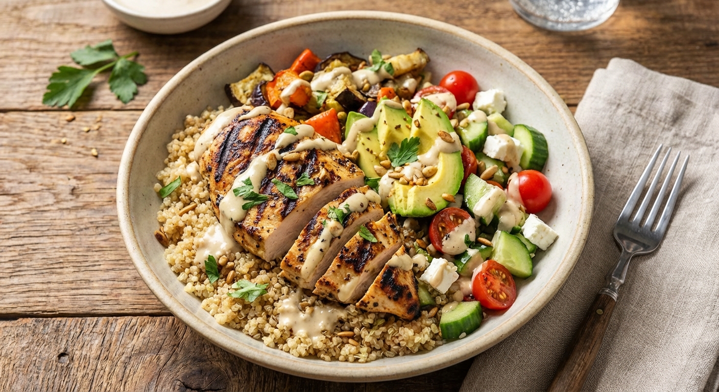 Grilled Chicken & Quinoa Salad with Lemon-Tahini Dressing