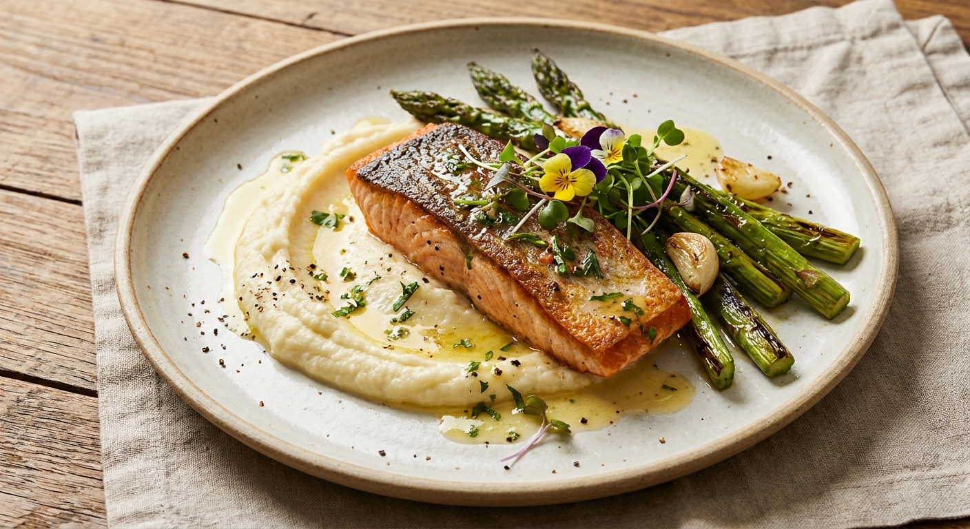 Pan-Seared Salmon with Cauliflower Mash & Garlic-Roasted Asparagus