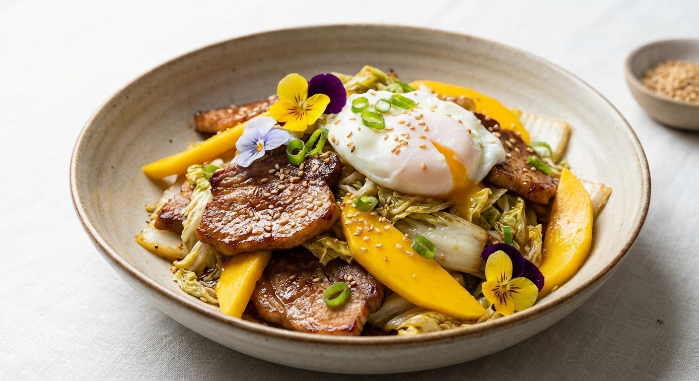 Savory Pork & Napa Cabbage Morning Stir-Fry with Mango Slices