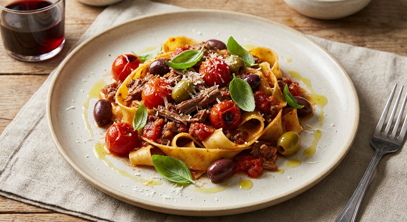 Quick Beef Ragù with Cherry Tomato & Olive Pappardelle