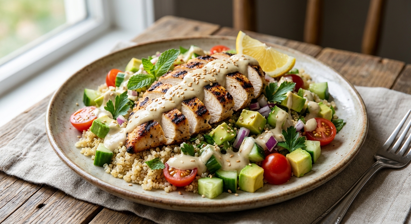 Grilled Chicken & Quinoa Salad with Lemon-Tahini Dressing