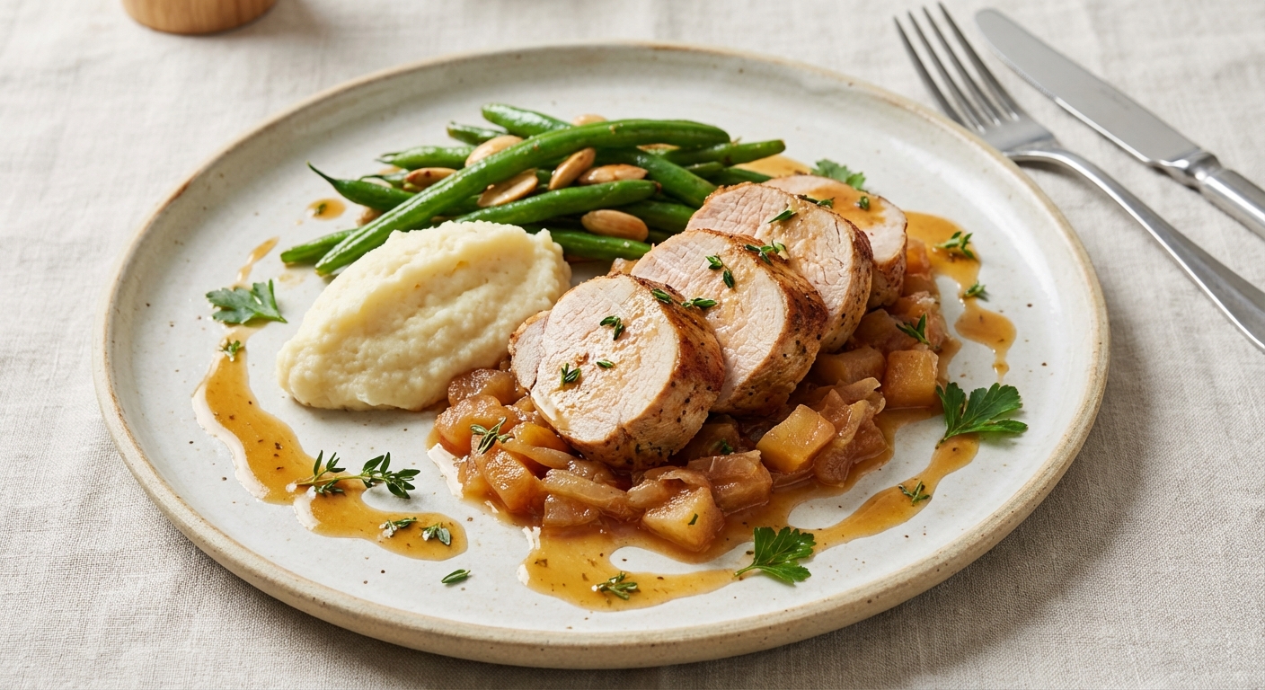 Roasted Pork Tenderloin with Apple-Onion Compote, Sautéed Green Beans & Mashed Cauliflower