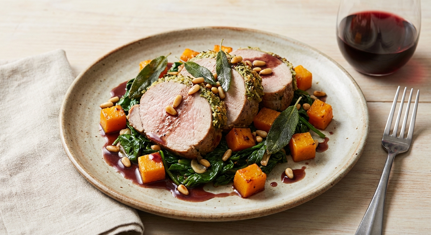 Italian Pork Tenderloin with Roasted Butternut & Sautéed Spinach