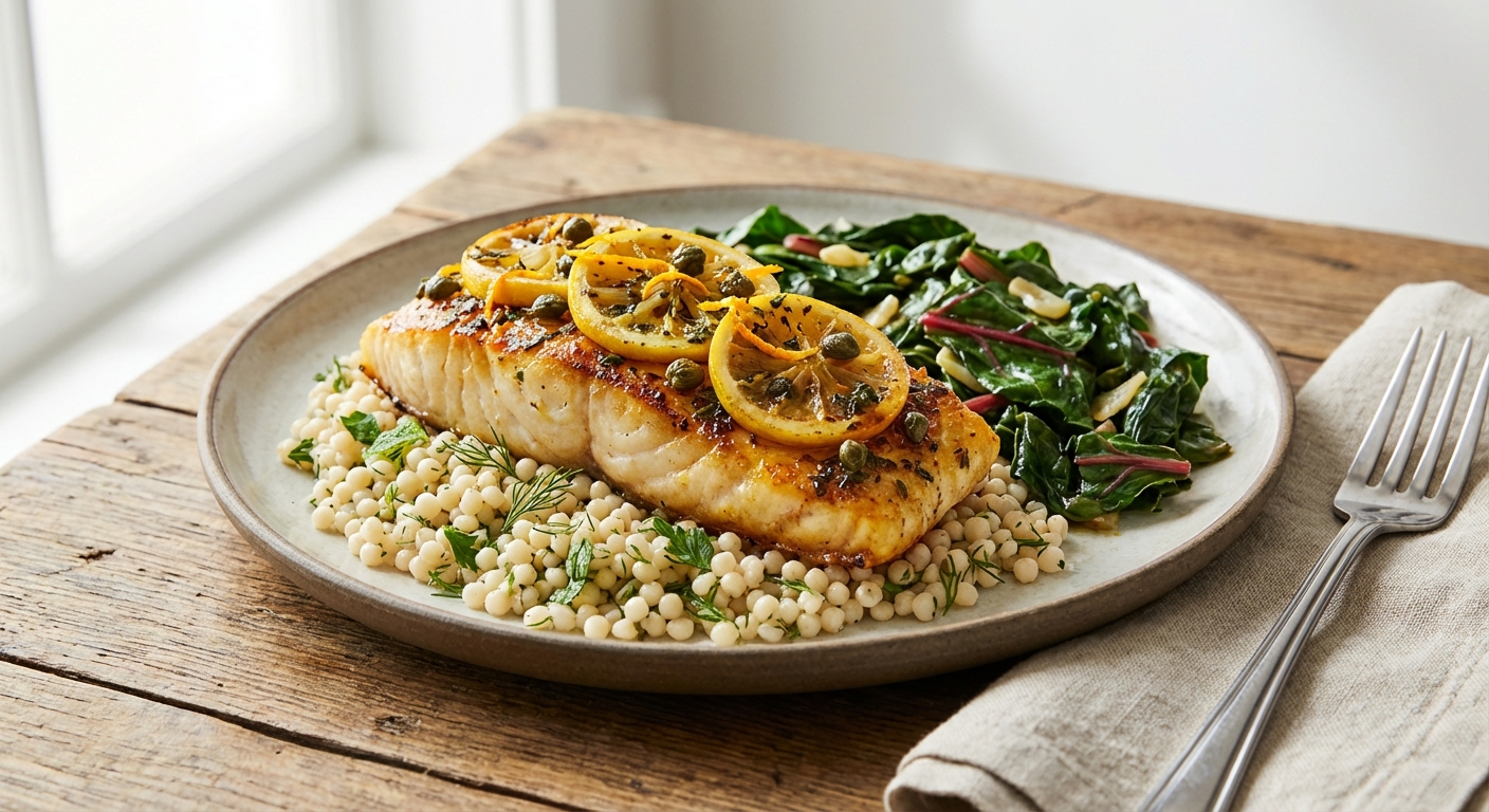 Baked Citrus-Caper Cod with Herbed Israeli Couscous and Wilted Swiss Chard