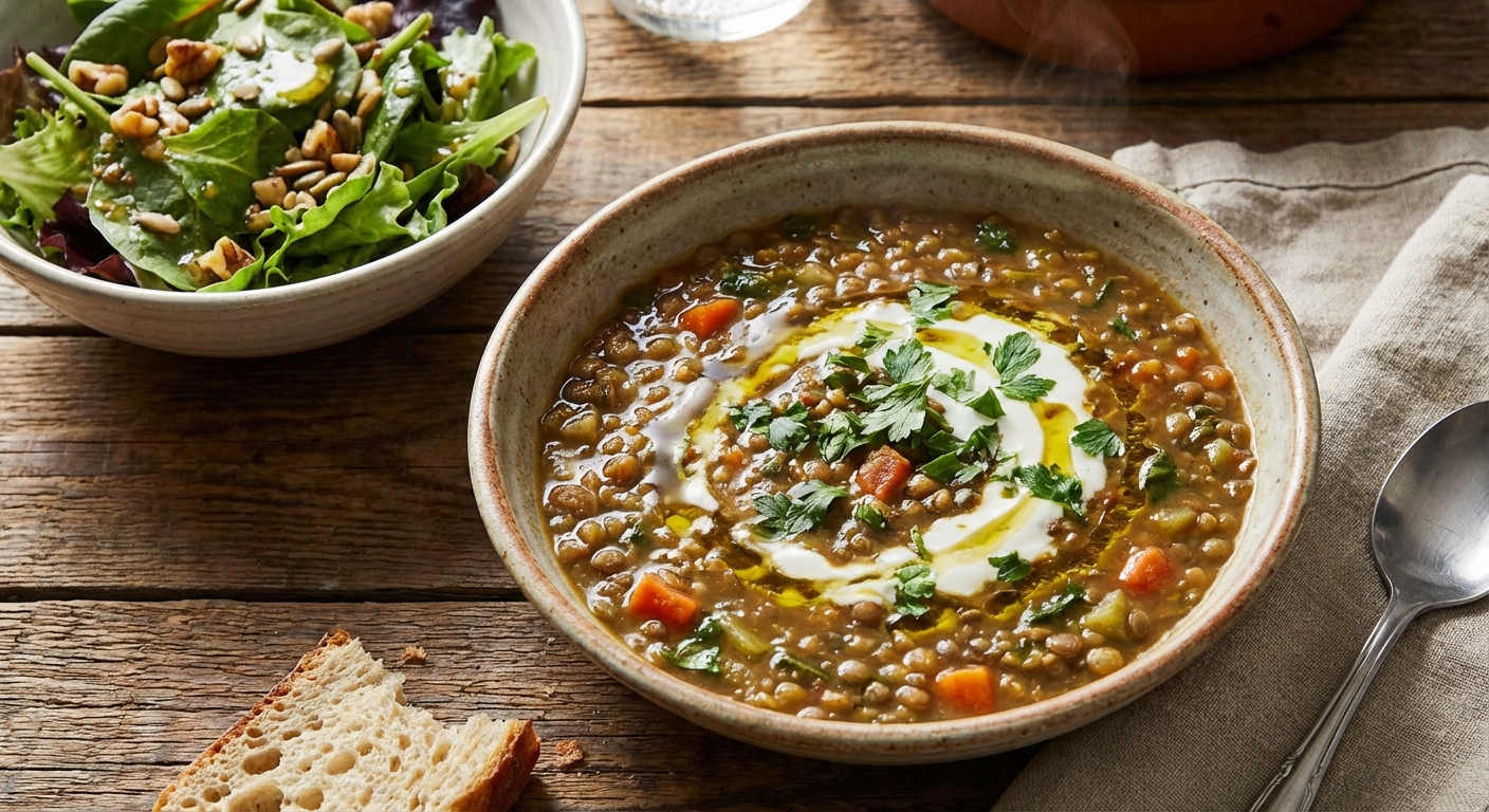 Hearty Lentil Soup with Mixed Greens Salad