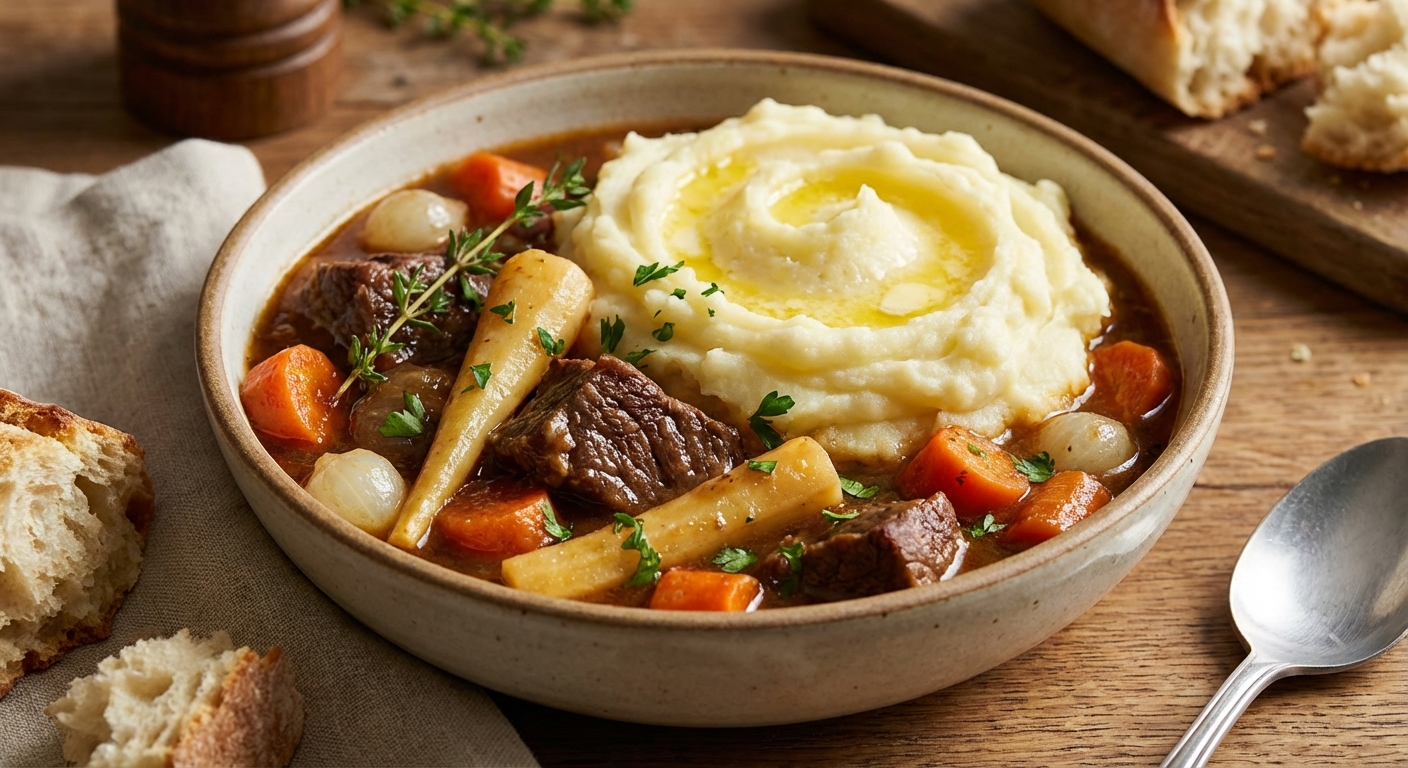 Beef & Root Vegetable Stew with Buttery Mashed Potatoes