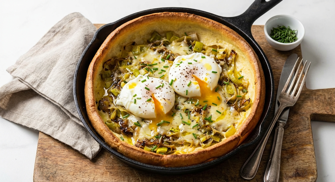 Savory Dutch Baby with Caramelized Leeks, Gruyère & Poached Eggs