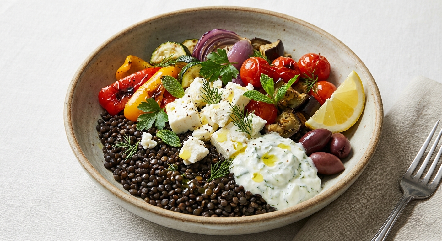 Mediterranean Lentil & Roasted Vegetable Bowl with Feta