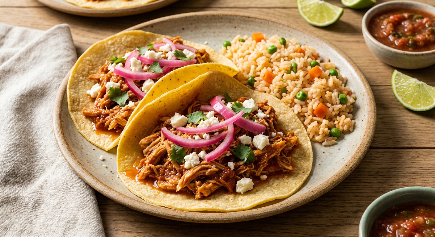 Chicken Tinga Tacos with Pickled Onions & Mexican Rice