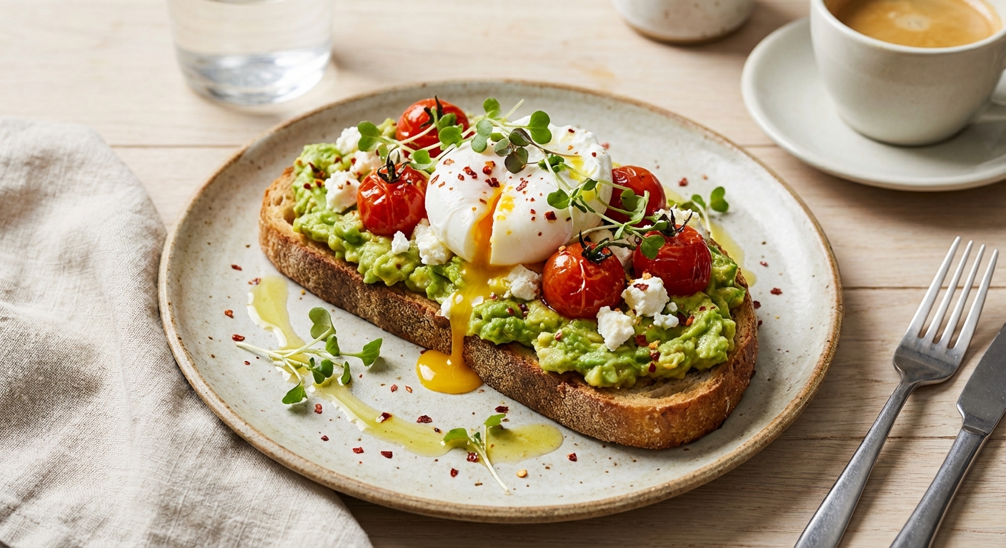 Smashed Avocado Toast with Cherry Tomatoes, Feta & Poached Egg