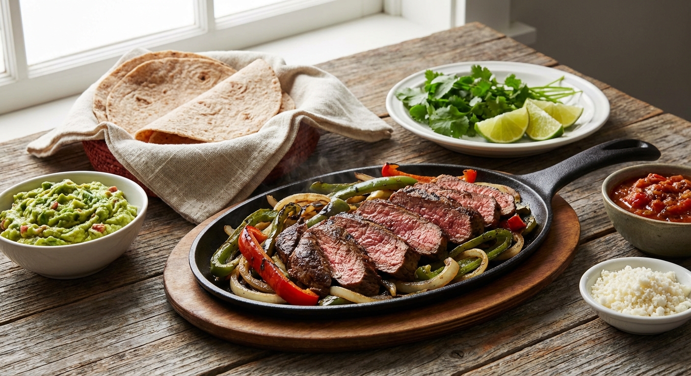 Beef & Pepper Fajitas with Whole‑Wheat Tortillas, Salsa & Guacamole