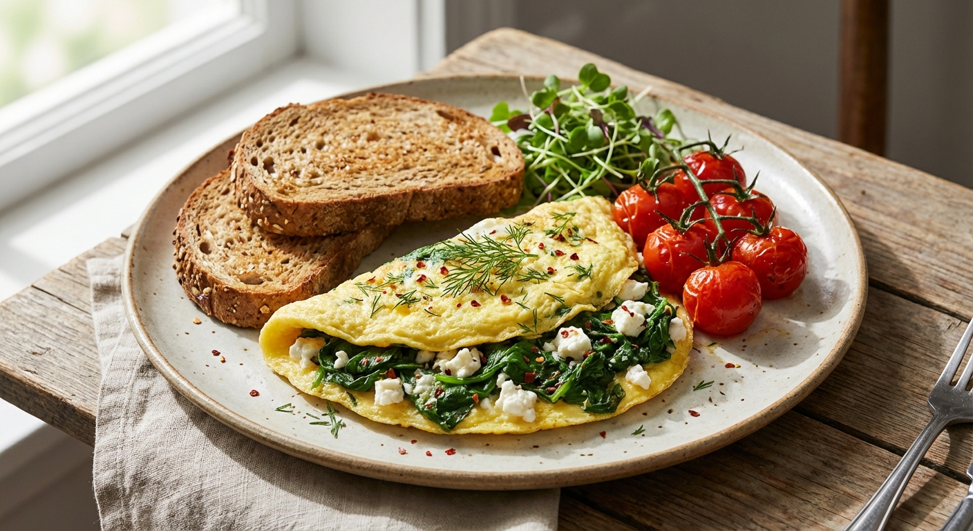 Spinach & Feta Omelette with Whole-Grain Toast and Tomato