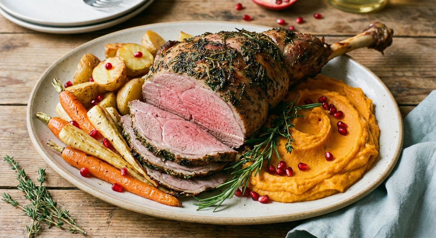 Herb-Roasted Leg of Lamb with Rosemary Vegetables & Sweet Potato Mash