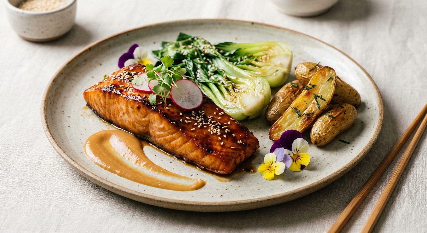 Pan-Seared Miso-Glazed Salmon with Sesame Bok Choy and Roasted Fingerling Potatoes