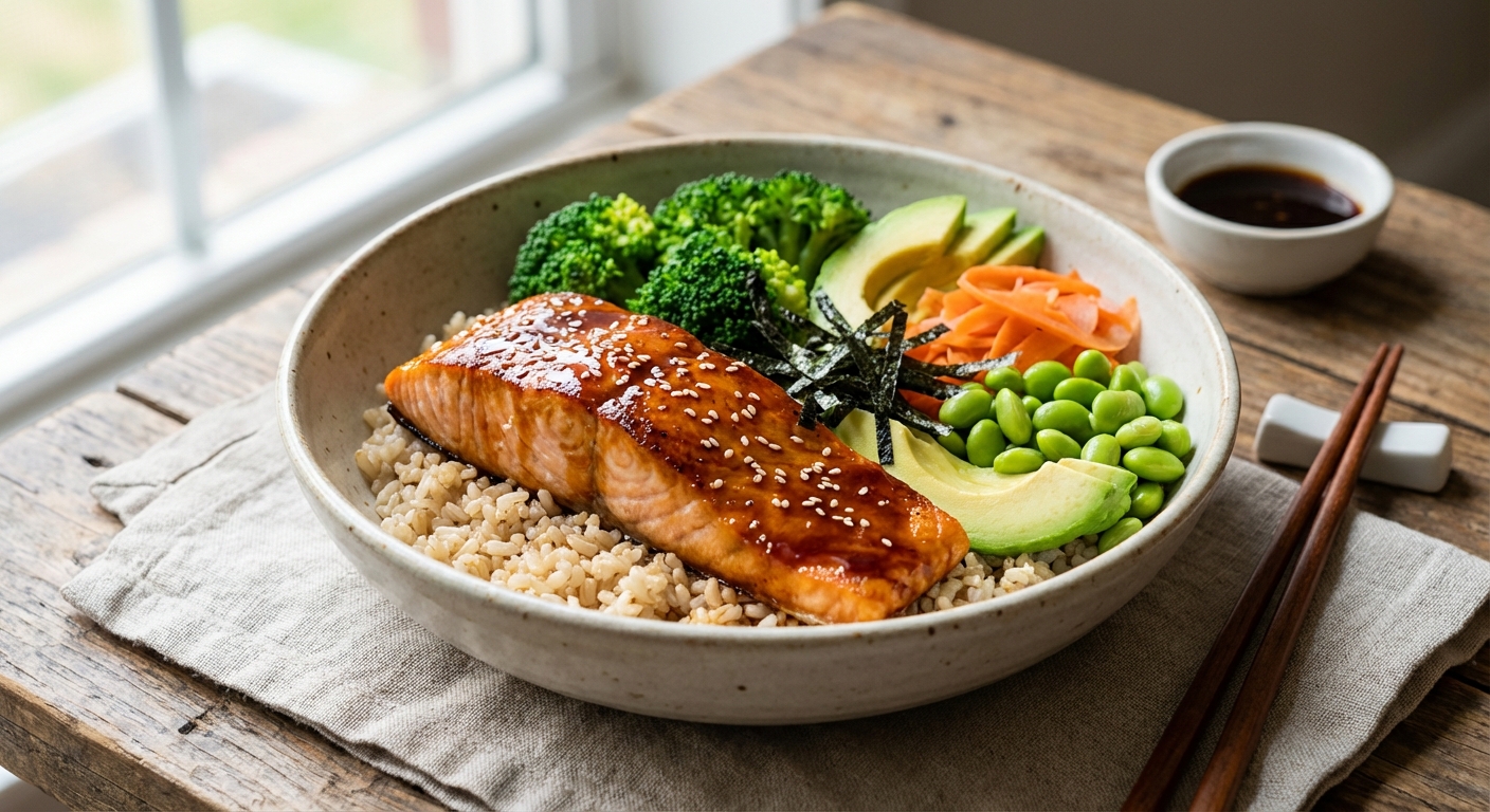 Teriyaki Salmon Bowl with Brown Rice & Steamed Broccoli
