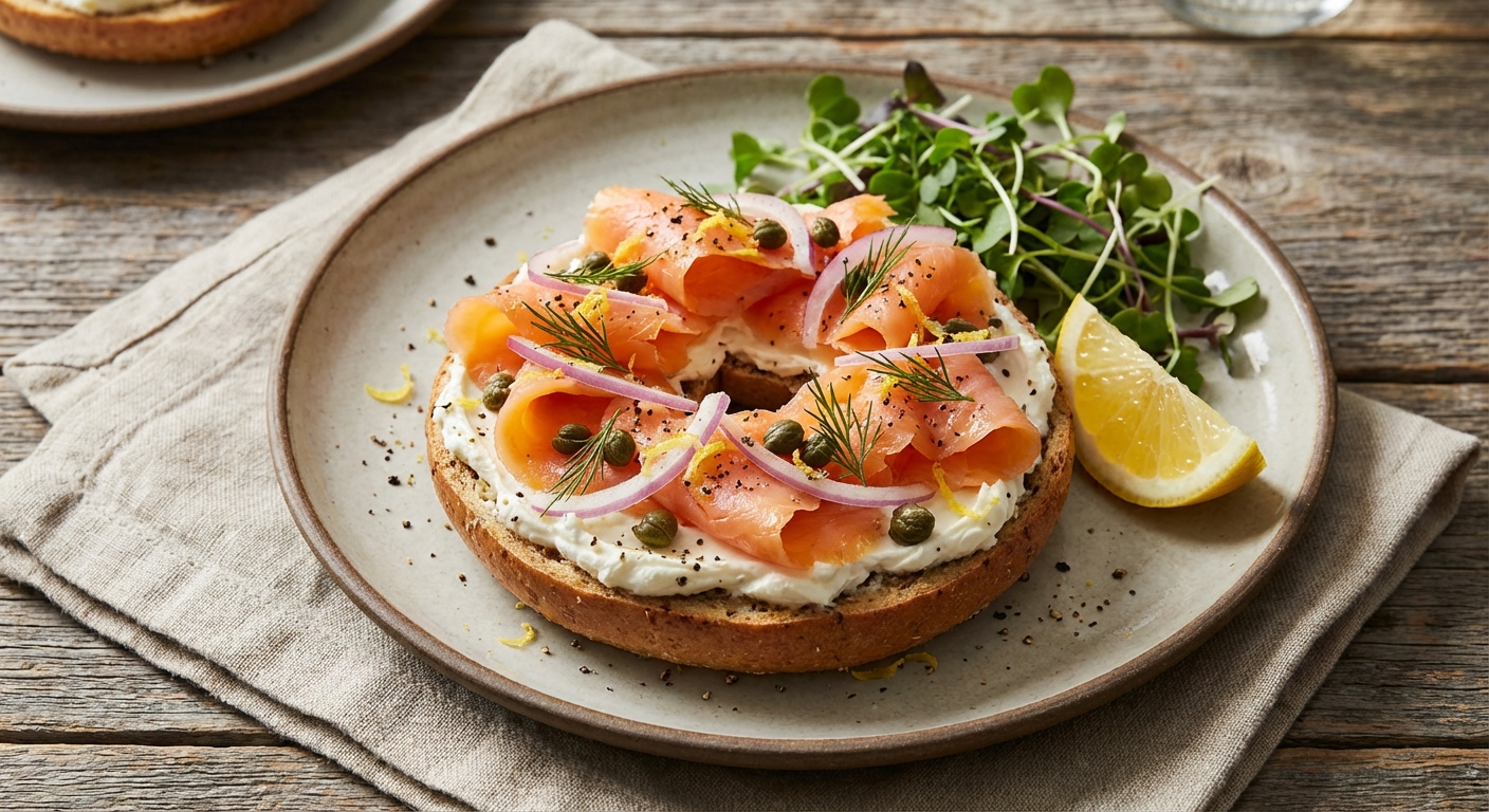 Smoked Salmon & Cream Cheese on Whole-Grain Bagel