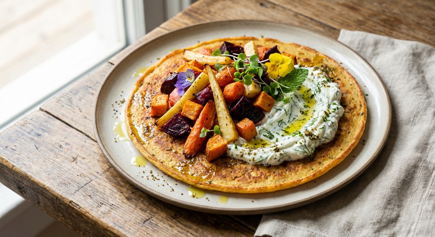 Savory Chickpea (Socca) Pancakes with Roasted Winter Root Hash & Herbed Labneh